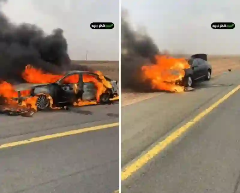 فيديو معجزة تنقذ شباب من كارثة بعد احتراق سيارتهم وهم فيها اثناء رحلة الى البر 