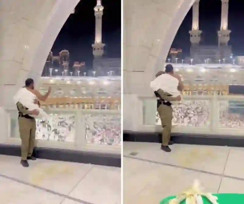 فيديو رجل أمن في المسجد الحرام يحمل معتمر فوق كتفه ليرى الكعبة 