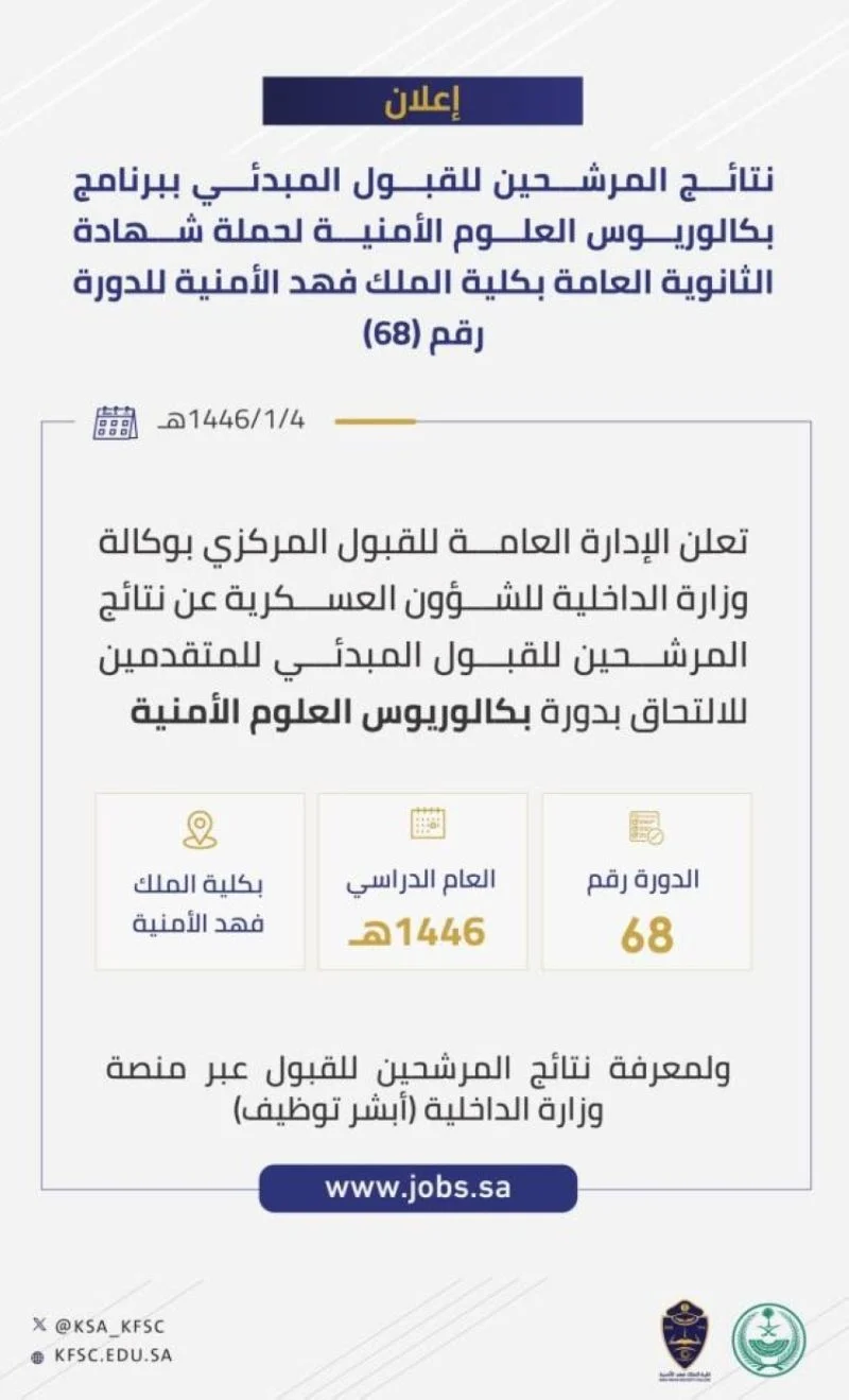 أسماء المقبولين في كلية الملك فهد الأمنية لبرامج البكالريوس للعام الدراسي 1446 والاجراءات المتبقية لاستكمال تسجيلهم 