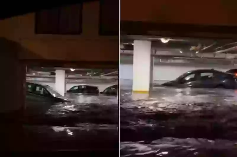 فيديو الأمطار تغرق مجموعة سيارات فخمة في حي راقي في الرياض 