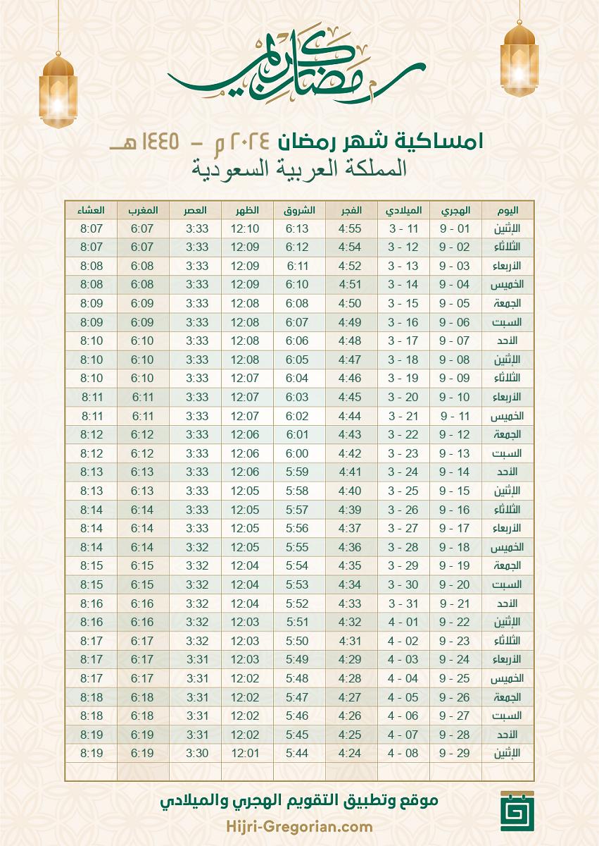 امساكية شهر رمضان 1445 - 2024