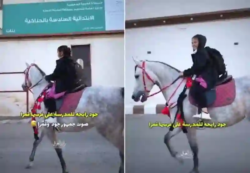 شاهد طالبة سعودية تذهب لمدرستها يومياً على ظهر الخيل